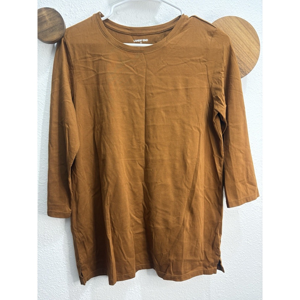 Lands' End womens Crew Neck 3/4 Sleeve Solid Cognac Brown Cotton Knit Shirt XS